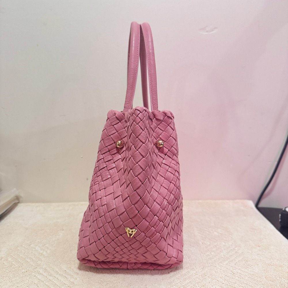 Ghibli Pink Genuine Leather Woven Tote Handbag Removable Pouch Gold Hardware - Picture 3 of 13